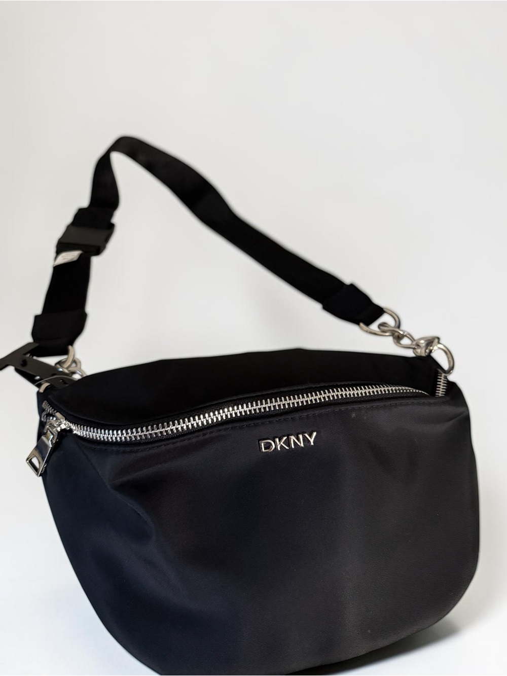 Unisex DKNY Black Nylon Crossbody Belt Bag with Silver Hardware